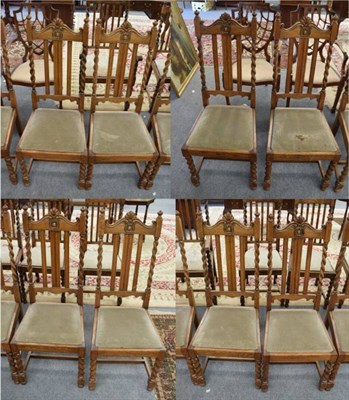 Lot 1260 - Set of eight oak dining chairs with barley twist supports