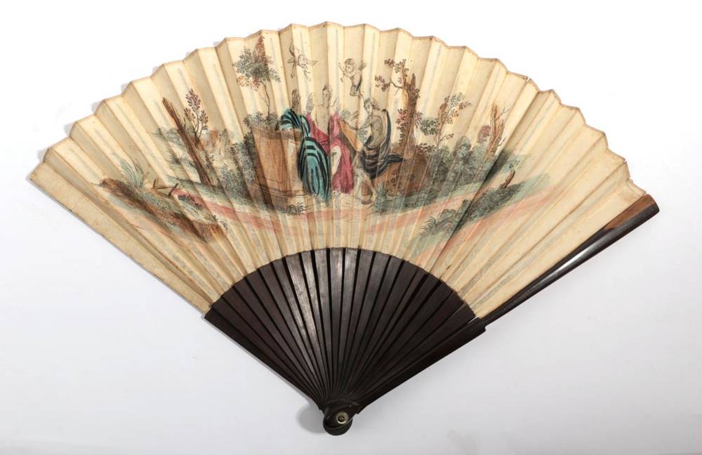Lot 2004 - An 18th Century English Printed and Hand Coloured Fan, the double paper leaf mounted on darkly...