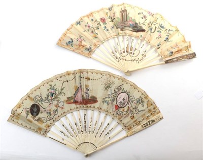 Lot 2005 - A Mid to Late 18th Century Ivory Fan, the leaf of cream silk, painted with a solitary lady...