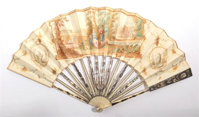 Lot 2012 - A Late 18th Century Dutch Fan, the monture of ivory, carved, pierced, gilded and silvered. The...
