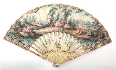 Lot 2018 - A Mid-18th Century Ivory Fan, the monture carved, pierced, gilded and painted, the guards with...