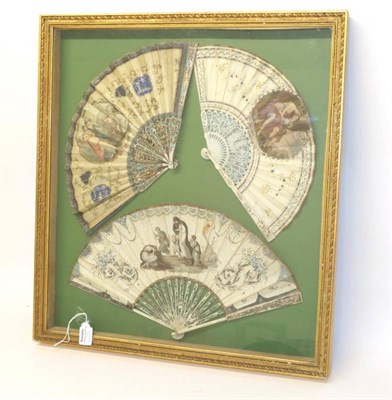 Lot 2029 - Three Slender 18th Century Ivory Fans, framed together resulting in a very decorative item for...
