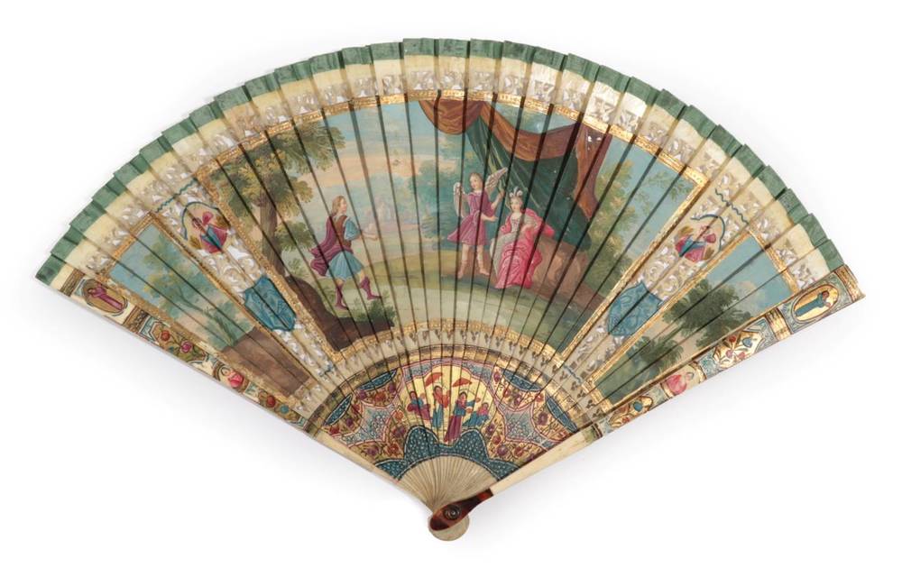 Lot 2033 - A Slender and Finely Painted 18th Century Brisé Fan, the monture with tortoiseshell thumb...