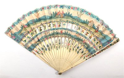 Lot 2034 - A Mid-18th Century Bone Cabriolet Fan, the monture painted with simple flowers, leaves and...