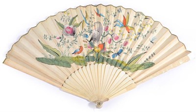 Lot 2036 - A Fine and Unusual Ivory Fan, circa 1730, the guards carved with a figure in Turkish dress, a shell