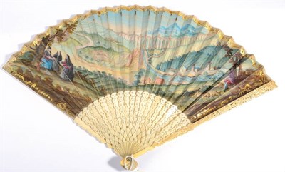 Lot 2038 - Pilgrims: A Rare Ivory Fan, Circa 1750, with carved and pierced sticks, the gorge carved with...