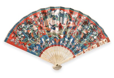 Lot 2039 - A Rare and Very Early Chinese Ivory Fan, the guards painted in the Imari porcelain style, the gorge