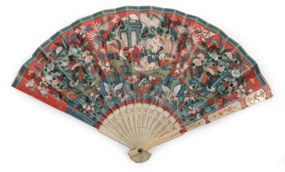 Lot 2039 - A Rare and Very Early Chinese Ivory Fan, the guards painted in the Imari porcelain style, the gorge