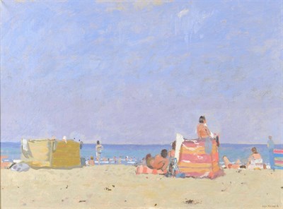 Lot 957 - Ken Howard RA, RWS, NEAC (b.1932) Beach Scene with Figures beside Windbreakers Signed, oil on...