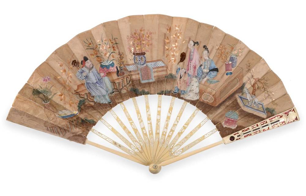Lot 2041 - A Rare 18th Century Ivory Fan, set in the upper guards with a thermometer and a hygrometer,...