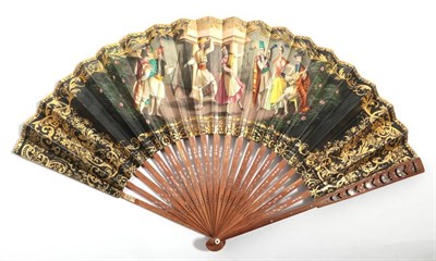 Lot 2064 - A 19th Century Wood Fan, the monture carved and pierced and clouté in silver, the upper guards...