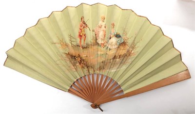 Lot 2075 - A Large Late 19th Century Fan, the monture of plain, pale wood, the double paper leaf printed...