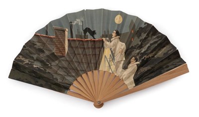 Lot 2078 - The Cat on a Hot Tin Roof: An Early 20th Century Paper Fan mounted on simple pale wooden...