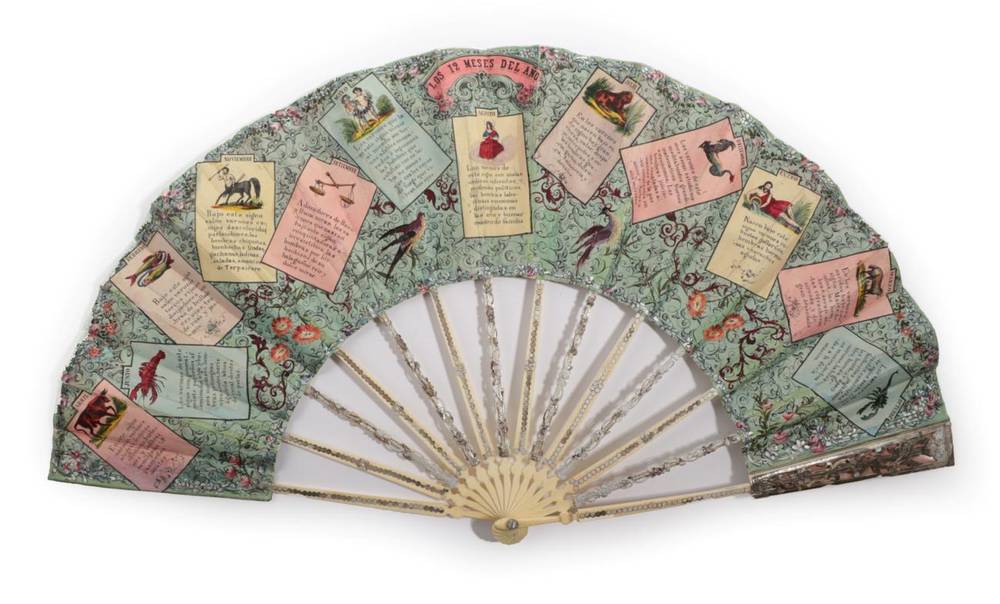 Lot 2085 - LOS 12 MESES DEL ANO: An Ivory Fan mounted with a later leaf, the monture silvered, the gorge...