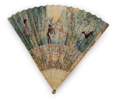Lot 2091 - The Winged Horse and Deer in the Forest: A Slender Early 18th Century Ivory Fan, the monture carved