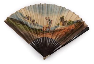 Lot 2097 - A Late 18th Century Wooden Fan, with bone thumb guards, the double paper leaf painted with a gentle