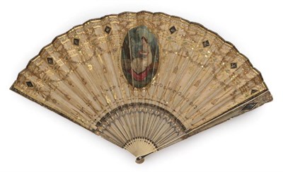 Lot 2098 - A Regency Spangled Fan, the central cartouche a hand coloured engraving of a young girl making...