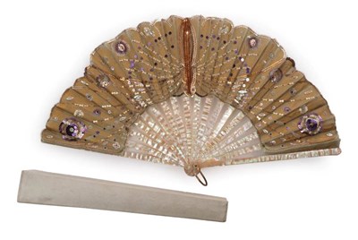 Lot 2123 - A Small and Vibrant Sequin Fan, early 20th century, the monture of pink mother-of-pearl, the...