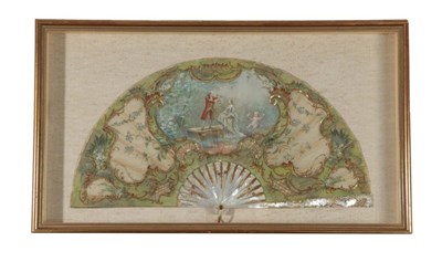 Lot 2127 - A Circa 1900 Fan, framed and glazed, the white MOP monture delicately carved, pierced and...