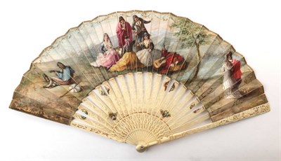 Lot 2134 - A 19th Century Fan, the leaf mounted on well carved, gilded and delicately painted ivory...