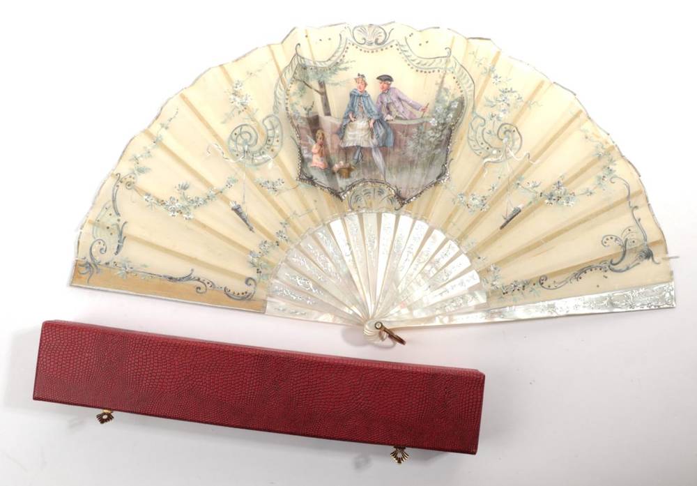 Lot 2136 - A Double Image Fan Signed Drinot, circa 1900, the cream gauze leaf mounted on white mother-of-pearl