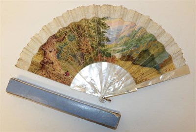 Lot 2138 - A Large Painted Fan, circa 1880's, the white mother-of-pearl monture complementing a top border...