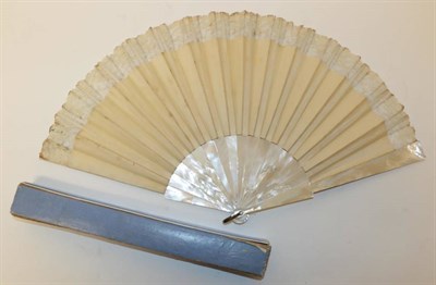 Lot 2138 - A Large Painted Fan, circa 1880's, the white mother-of-pearl monture complementing a top border...