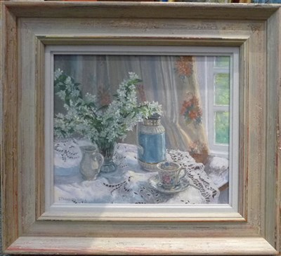 Lot 967 - Stephen J. Darbishire RBA (b.1940) "Crab Apple Blossom" Signed, inscribed on an exhibition...