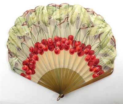 Lot 2149 - Cherries Galore! A Large 1920's to 1930's Gauze Fan, of fontange form, the plain monture of a...