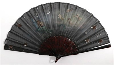 Lot 2160 - A Tortoiseshell Fan, circa 1900, the guards and gorge sticks gently shaped. The leaf, of black...