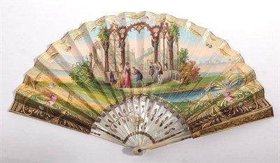 Lot 2167 - Circa 1830's, A White Mother-of-Pearl Fan, with gilded decoration to the gorge, the upper...