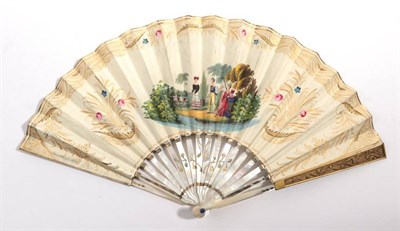 Lot 2167 - Circa 1830's, A White Mother-of-Pearl Fan, with gilded decoration to the gorge, the upper...