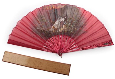 Lot 2173 - A Large and Vibrant Fan, circa 1890's, the monture of mother-of-pearl dyed a bright shade of...