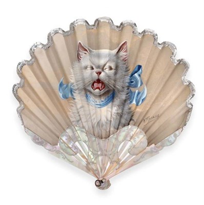 Lot 2175 - The Crying Cat: A Fan by Alfonse Thomasse, circa 1905, the very pale pink mother-of-pearl...