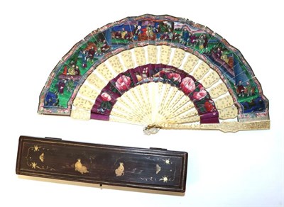 Lot 2178 - A Circa 1830's Chinese Cabriolet Fan, Qing Dynasty, the monture of carved and pierced bone. The...
