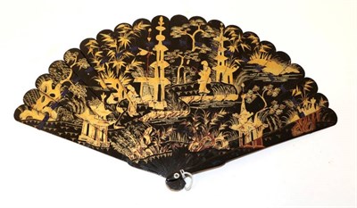 Lot 2180 - A Chinese Wooden Fan, circa 1840's, lacquered in black and different shades of gold, with...