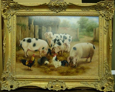 Lot 972 - Carl Andrew Whitfield (b.1958) Pigs, Chickens and a Duck in a Farmyard Signed, inscribed on a label