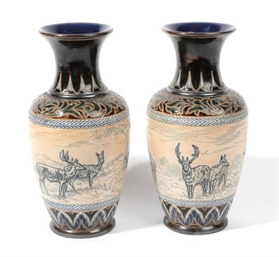 Lot 505 - Hannah Bolton Barlow (1851-1916): A Pair of Doulton Lambeth Stoneware Vases, incised with deer...