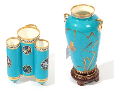 Lot 507 - A Minton Porcelain Four Cylinder Vase, designed by Christopher Dresser, enamelled with butterflies
