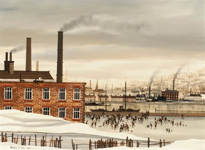 Lot 975 - Brian Shields "Braaq" FBA (1951-1997) Industrial Town in Winter, with figures beside a canal Signed