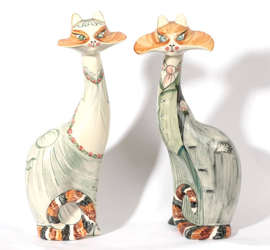 Lot 526 - David Sharp for Rye Cinque Ports Pottery: Two Large Figures Bride and Groom, modelled as cats...