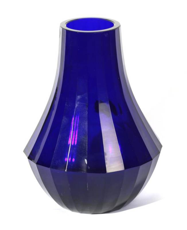 Lot 531 - A Moser Cobalt Blue Glass Vase, designed by Josef Hoffmann (1870-1956)  facet cut body,...