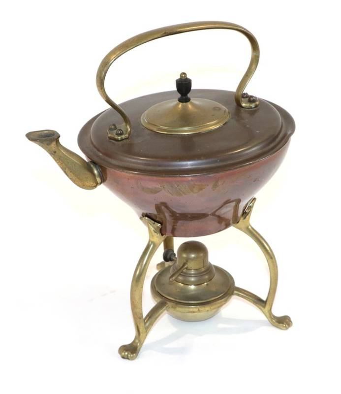 Lot 538 - A W.A.S Benson Copper and Brass Kettle on Stand, of tapering circular form, the stand with paw...
