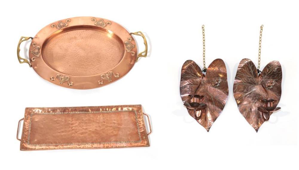 Lot 539 - A Pair of Aesthetic Movement Copper Wall Sconces, each in the form of a lily pad with a frog...