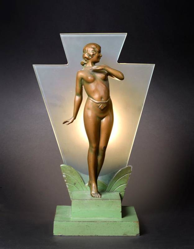 Lot 545 - An Art Deco Figural Spelter Table Lamp, modelled as a bronze patinated nude female, on a green...