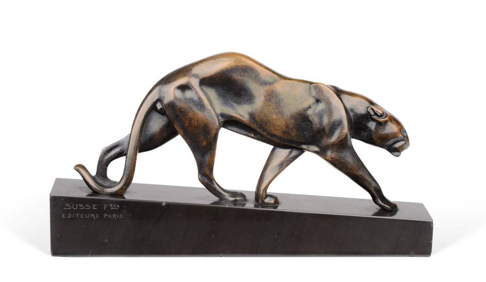 Lot 546 - Maurice Prost (French, 1894-1967): Panthère Marchant, A Patinated Bronze, on a slanted black...