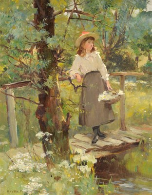 Lot 978 - David Fulton RSW (1848-1930) Girl on a Sunlit Bridge in a Flower-Strewn Meadow Signed, inscribed on