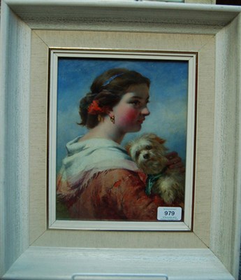 Lot 979 - Attributed to James John Hill RBA (1811-1882) Girl holding a Terrier Dog Oil on panel, 26cm by...