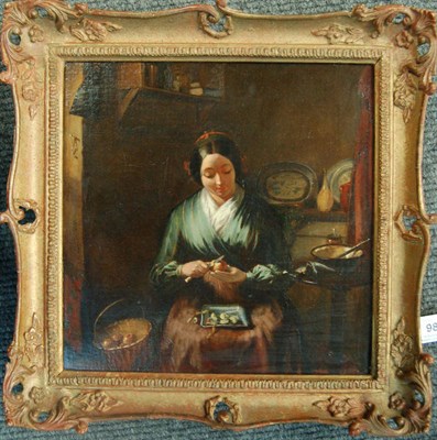 Lot 980 - John William Haynes (fl.1852-1882) Girl seated in a Kitchen Interior peeling Apples Signed and...