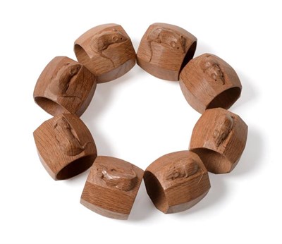 Lot 582 - Mouseman: Eight Robert Thompson of Kilburn English Oak Napkin Rings, of standard octagonal...